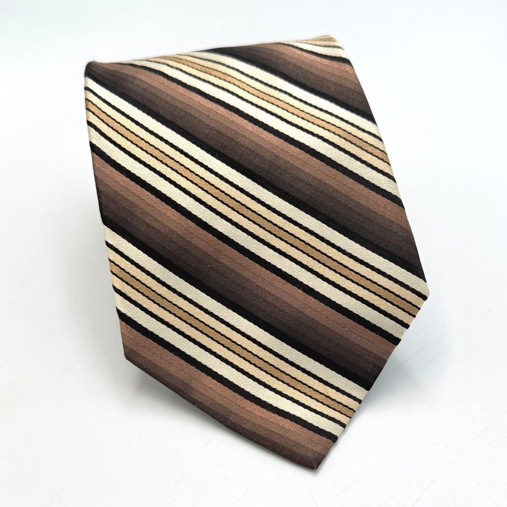 Van Heusen Mens Silk Necktie Brown Tan Cream Striped‎ Classic Business Tie